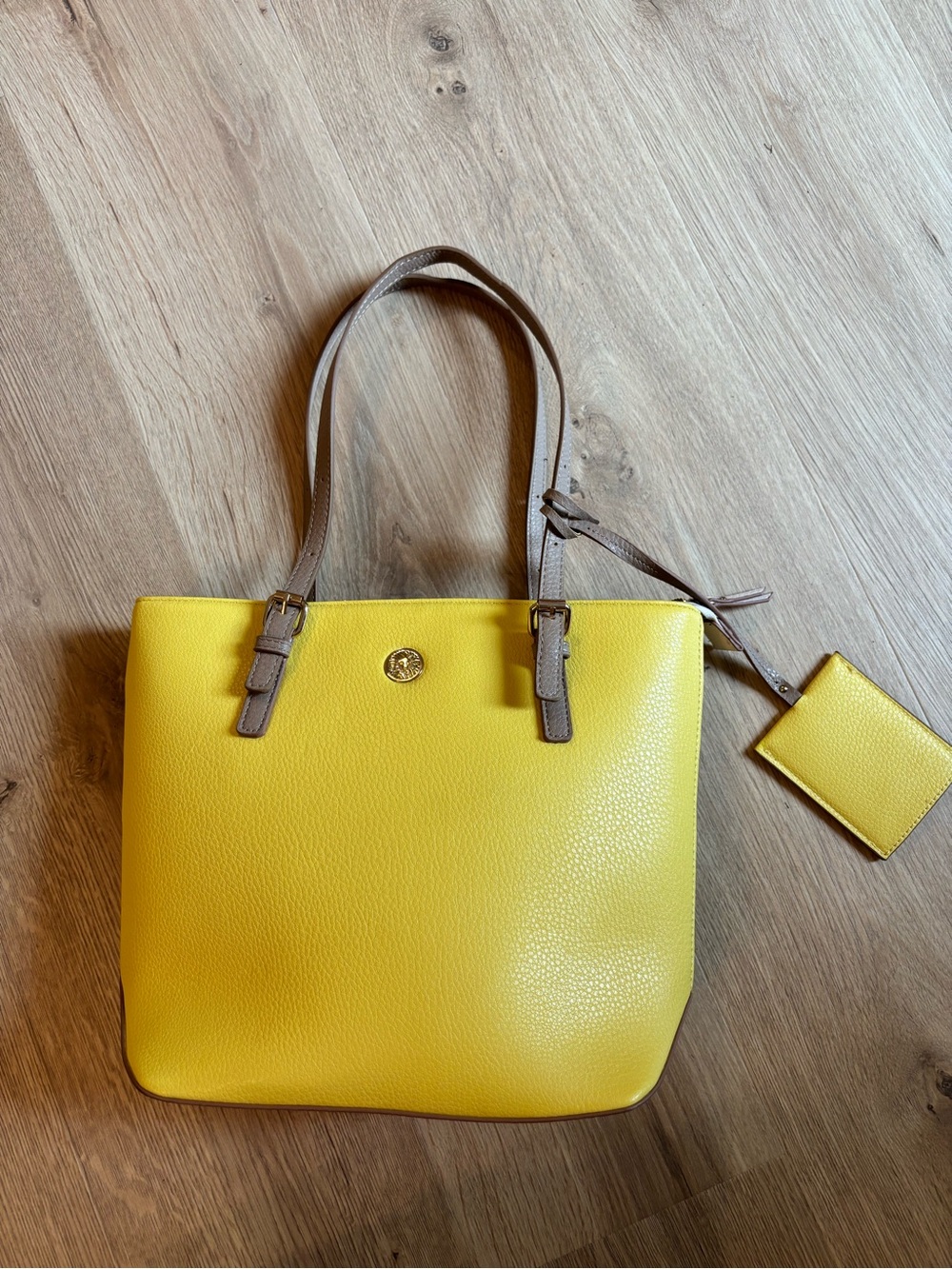Anne Klein Yellow Leather Tote with Taupe Handles
